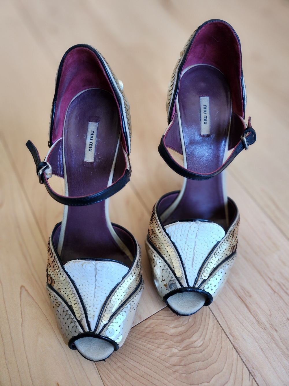 Vintage 50's Vibe Miu Miu Gold & White Sequin Peep-Toe Mary Jane Stiletto EU36.5 - Picture 2 of 9